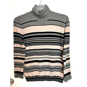 Joseph A. Women Gray & Beige Striped Turtleneck Sweater Size L